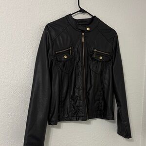 New Look Black Faux Leather Jacket with Gold Accents